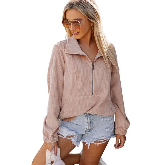 Azura Exchange  Apricot Ribbed Texture Half Zip Collared Sweatshirt - Picture 5 of 15